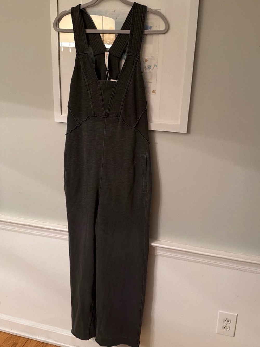 Anthropologie Charcoal Gray Bib Jumpsuit Sweatshirt material pockets